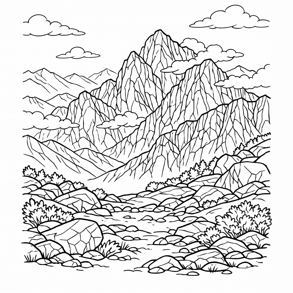 Free printable coloring page: Mountain And Lake, for ages 7-12