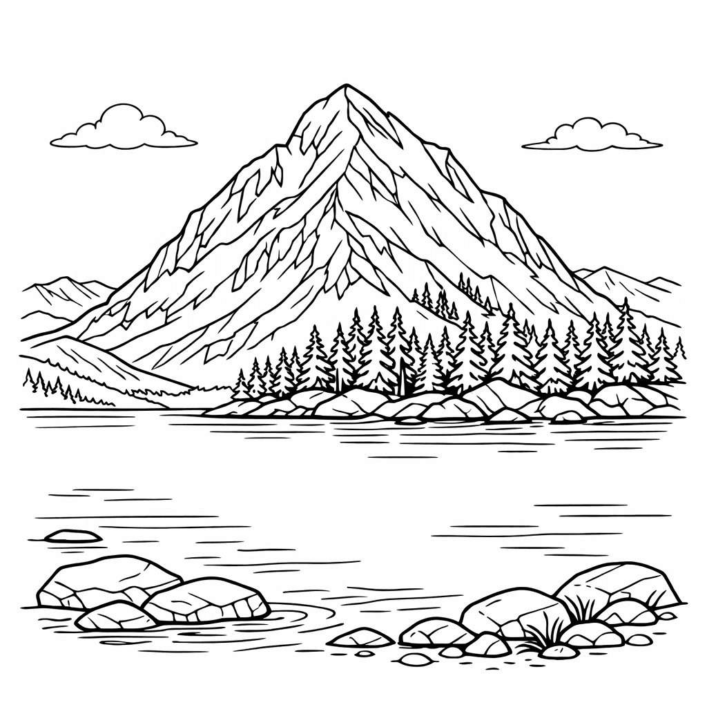 Free printable coloring page: Mountain And Trees, for ages 7-12