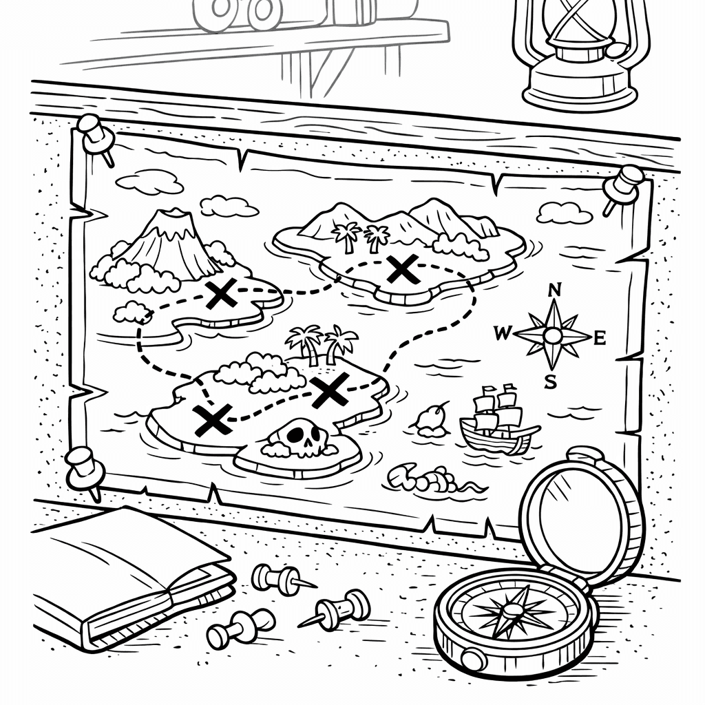 Free printable coloring page: Treasure Map Simple, for ages 7-12
