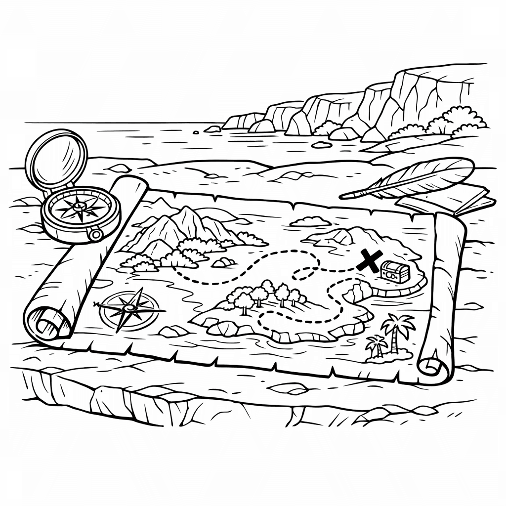 Free printable coloring page: Object Only: A Cute Treasure Map With Clean…, for ages 7-12