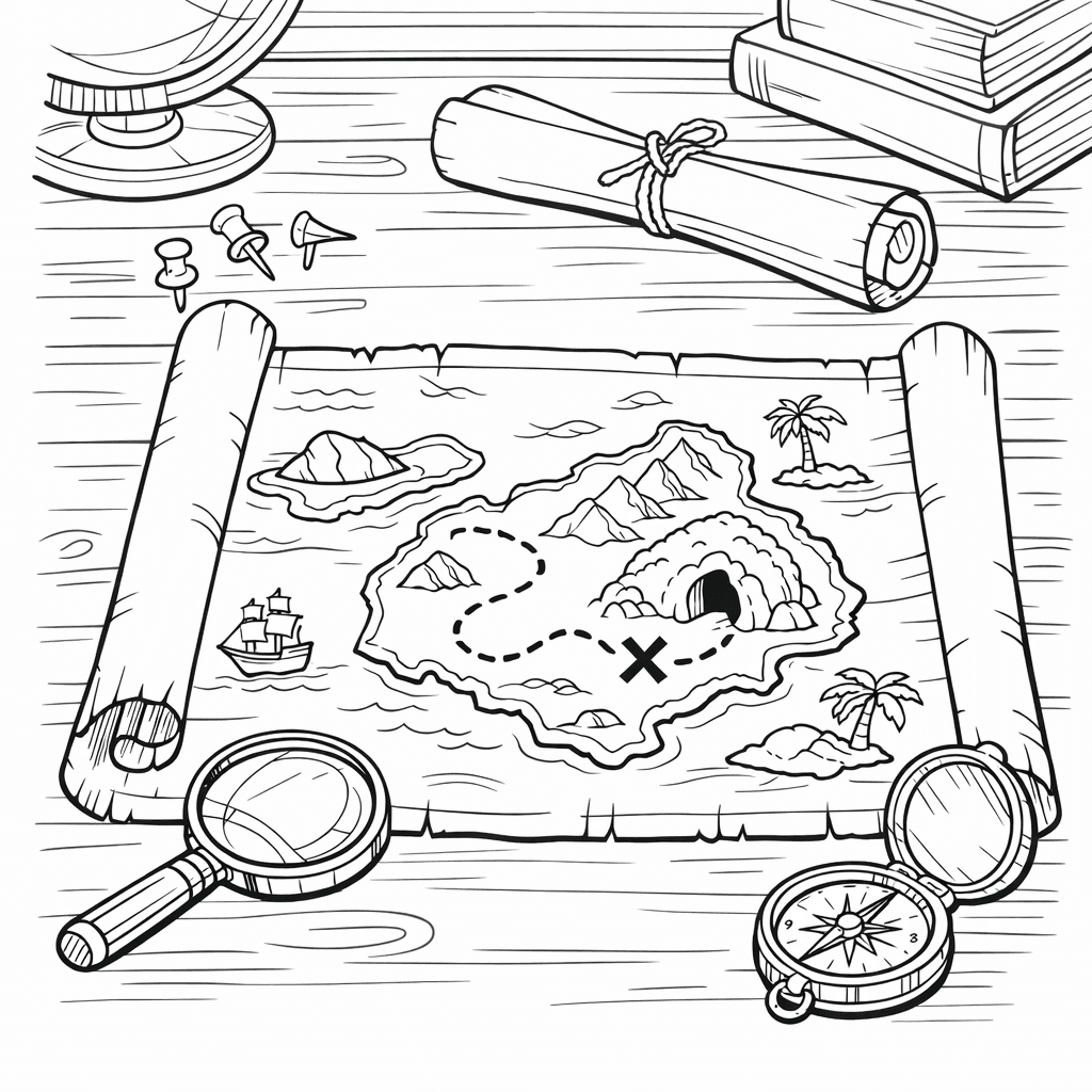 Free printable coloring page: Map And Compass, for ages 7-12