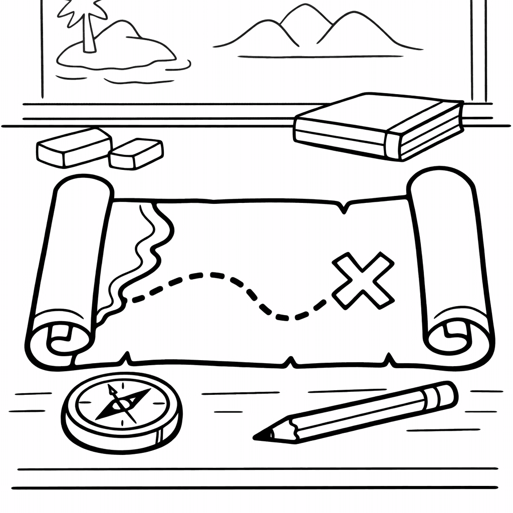 Free printable coloring page: Object Only: Two Or Three Treasure Maps Side…, for ages 3-6