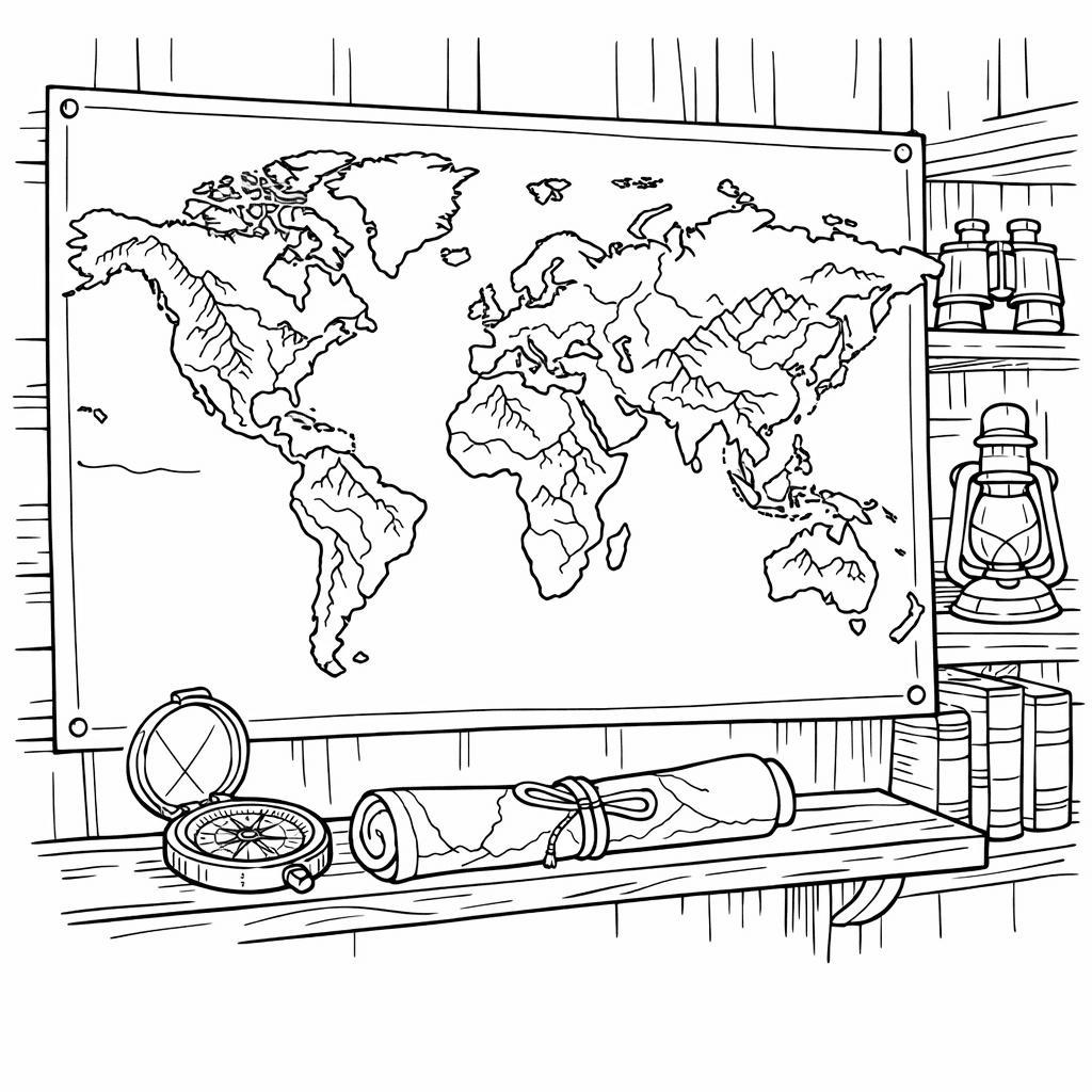 Free printable coloring page: World And Compass, for ages 7-12