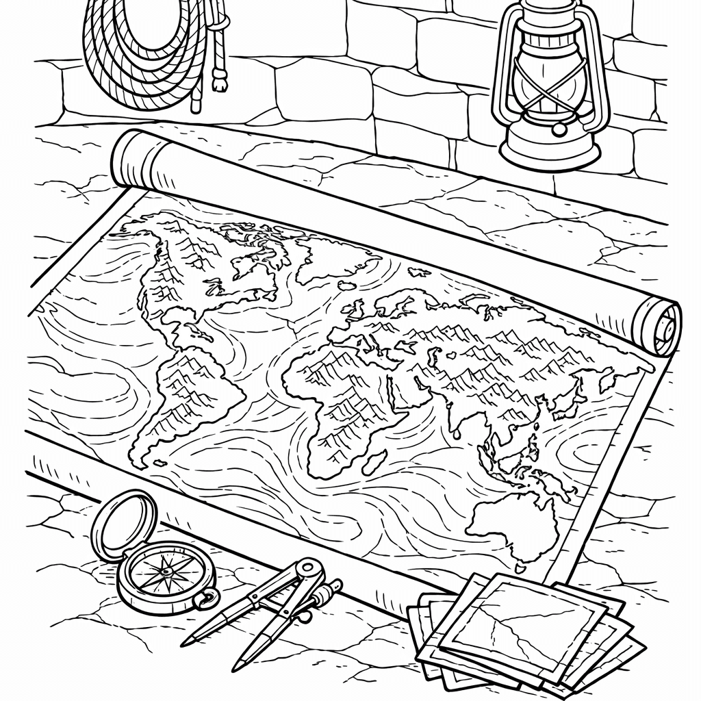 Free printable coloring page: Map With Route, for ages 7-12