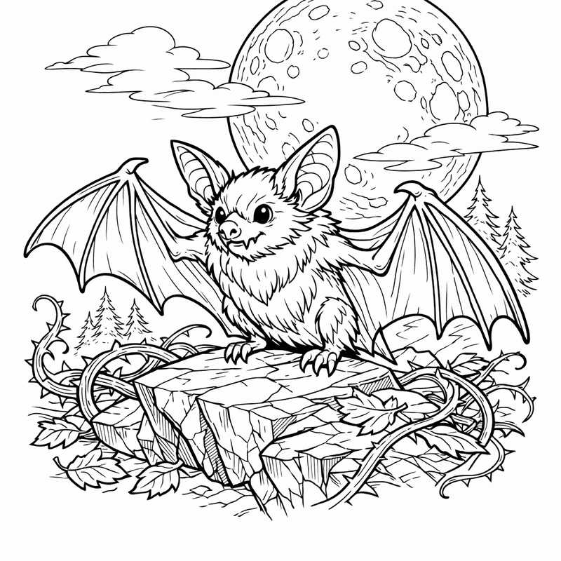 Free printable coloring page: Bat On Branch, for ages 7-12