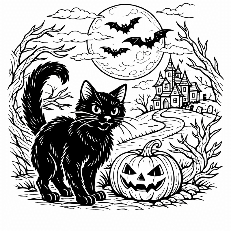 Free printable coloring page: Black Cat With Witch, for ages 7-12
