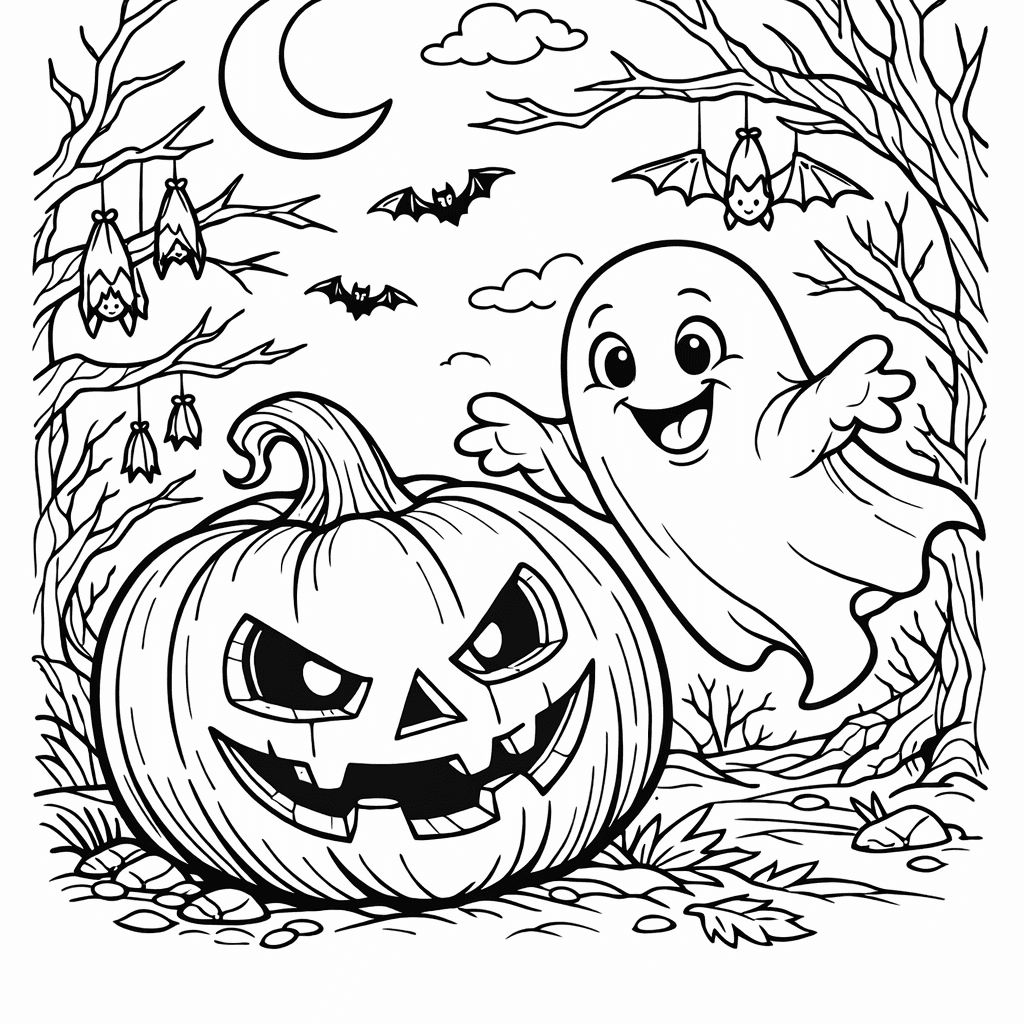 Free printable coloring page: Spooky Fun, for ages 7-12