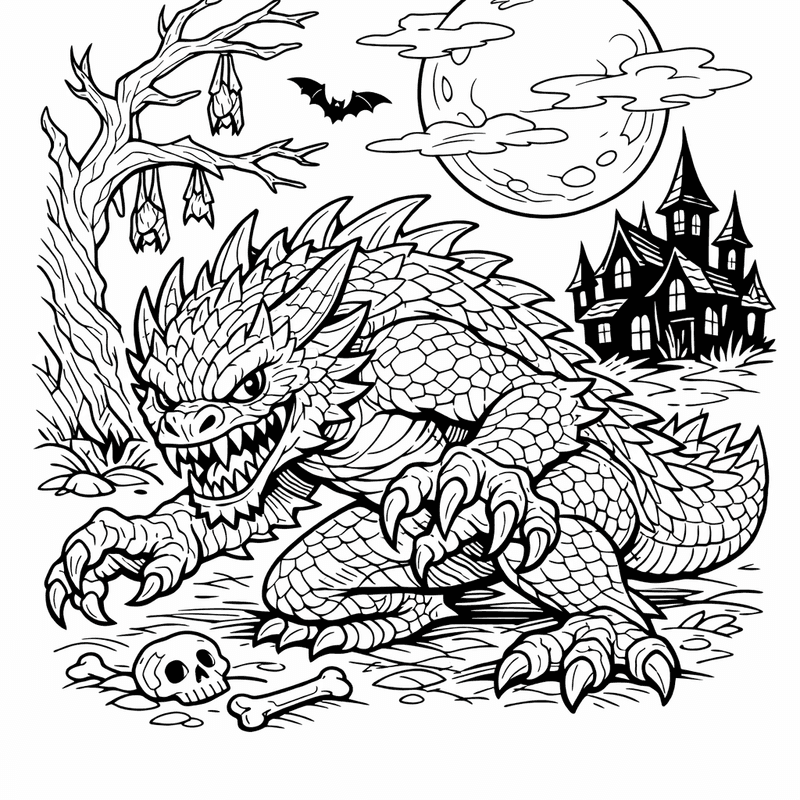 Free printable coloring page: Friendly Monster Making Halloween Treats With Giggling Children., for ages 7-12