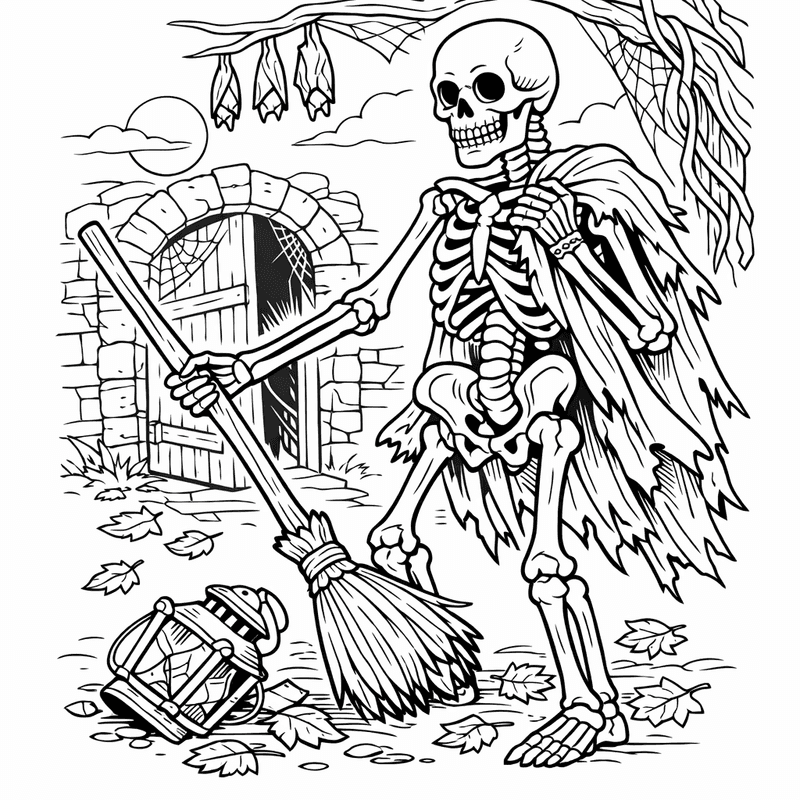 Free printable coloring page: Object Only: A Cute Skeleton With Clean Outlines, No Background, for ages 7-12