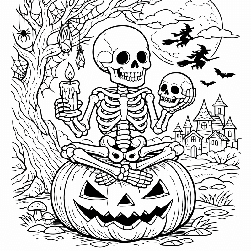 Free printable coloring page: Friendly Skeleton, for ages 7-12