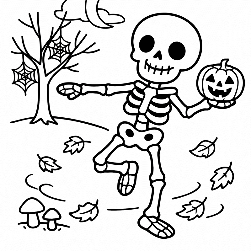 Free printable coloring page: Skeleton And Pumpkin, for ages 3-6