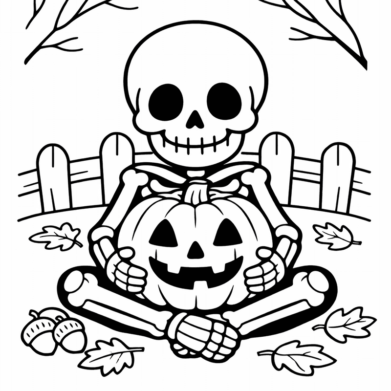 Free printable coloring page: Skeleton And Pumpkin, for ages 3-6