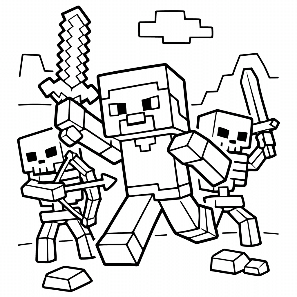 Free printable coloring page: Steve from minecraft figthting skeletons Coloring Page, for ages 3-6