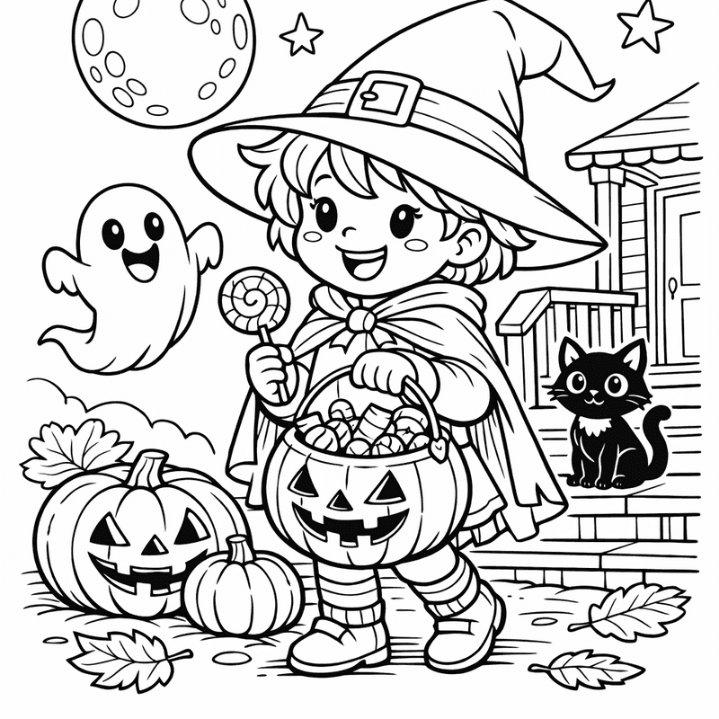 Free printable coloring page: Object Only: A Cute Trick Or Treat With…, for ages 7-12