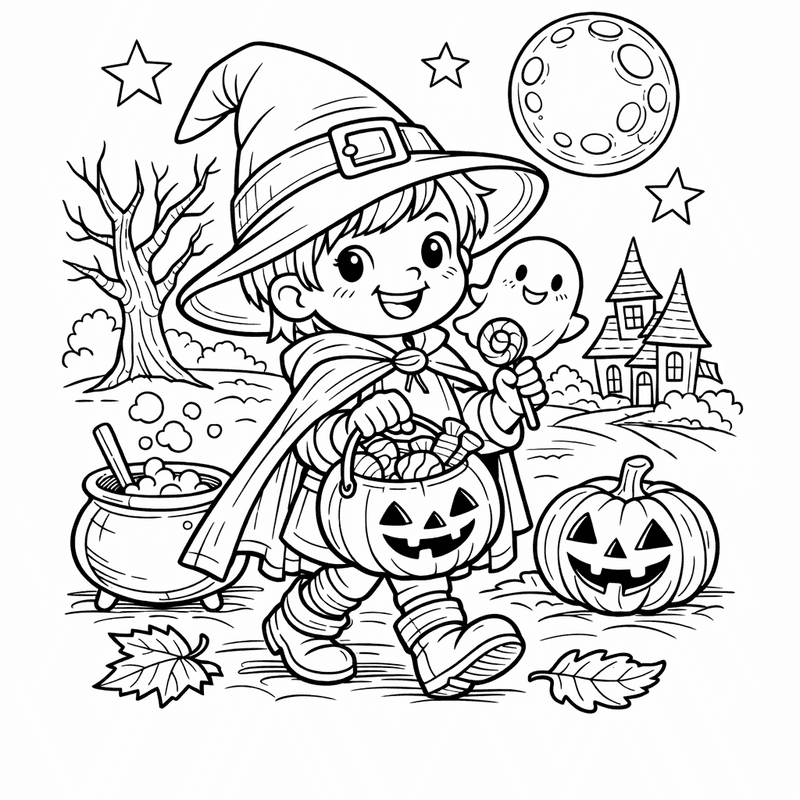 Free printable coloring page: Candy And Costume, for ages 7-12