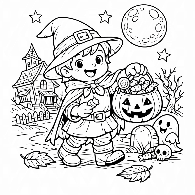 Free printable coloring page: Object Only: A Cute Trick Or Treat With Clean Outlines, No Background, for ages 7-12
