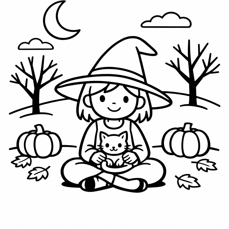 Free printable coloring page: Object Only: A Cute Witch With Clean Outlines,…, for ages 3-6