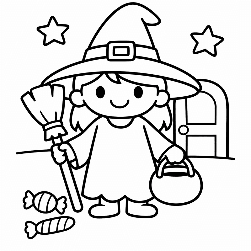 Free printable coloring page: Witch On Broom, for ages 3-6