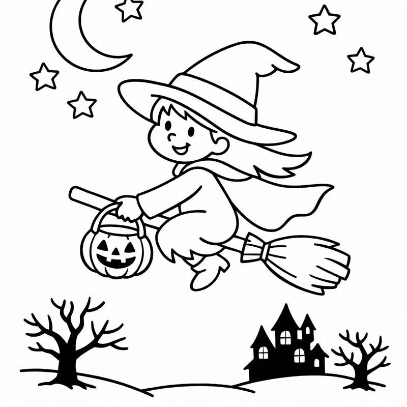 Free printable coloring page: Object Only: A Cute Witch With Clean Outlines,…, for ages 3-6