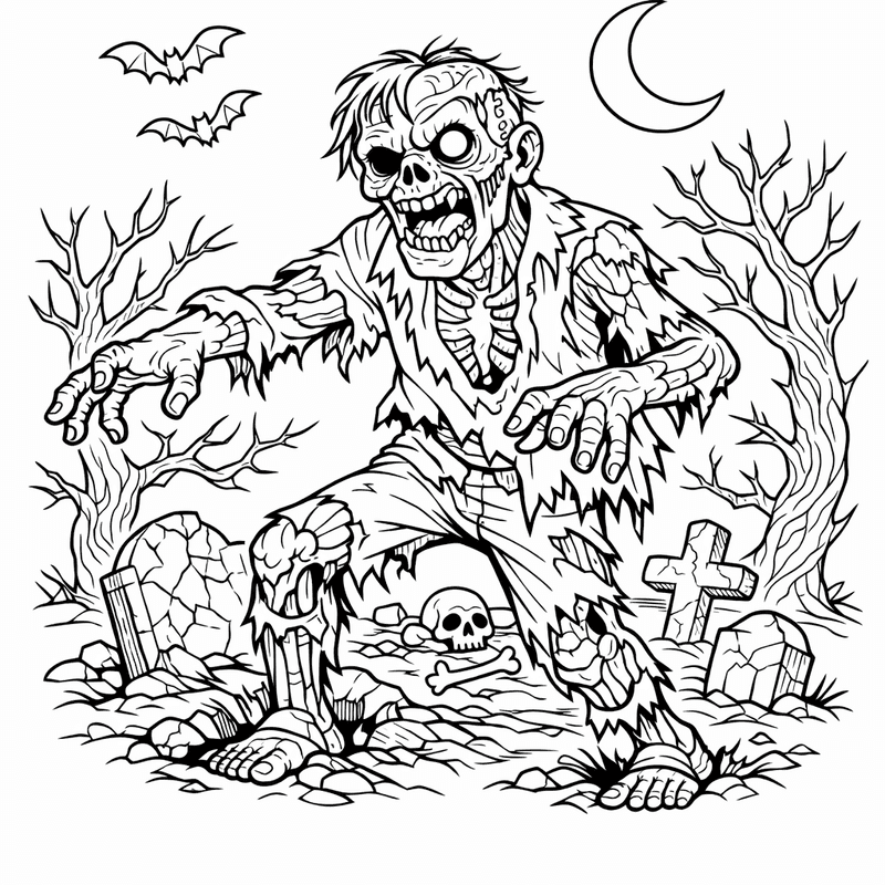 Free printable coloring page: Object Only: A Cute Zombie With Clean Outlines,…, for ages 7-12