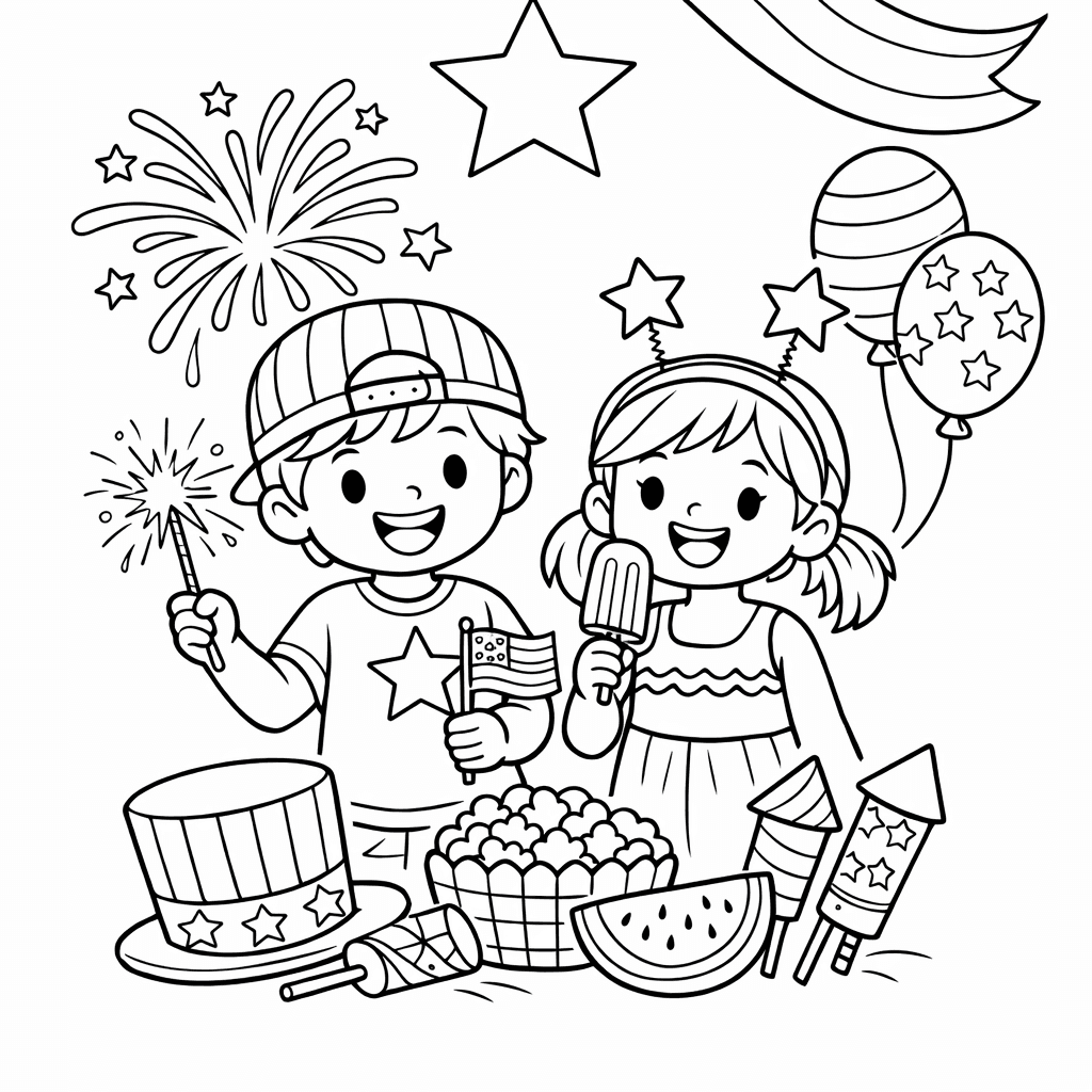 Free printable coloring page: Patriotic Scene, for ages 7-12
