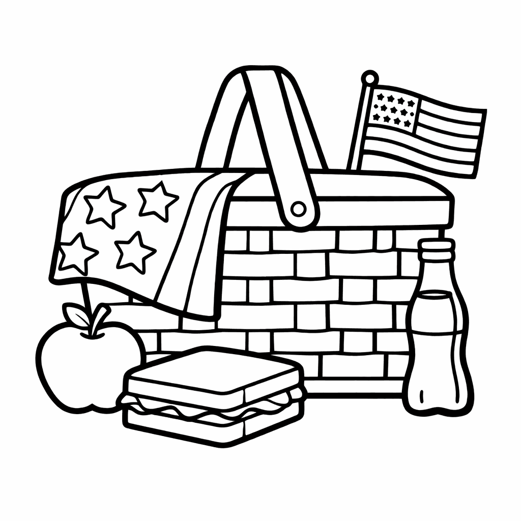 4th of July Coloring Page — Flag And Fireworks