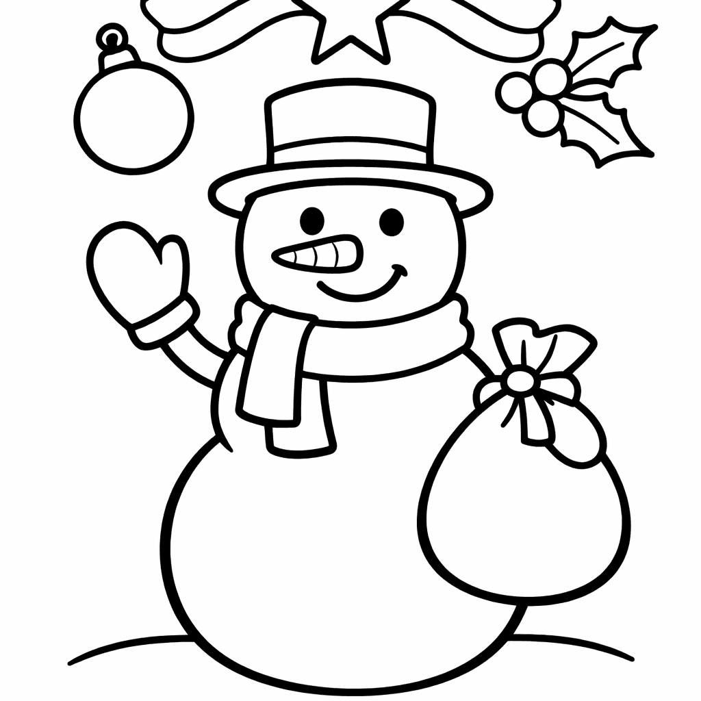 Free printable coloring page: Snowman And Presents, for ages 3-6