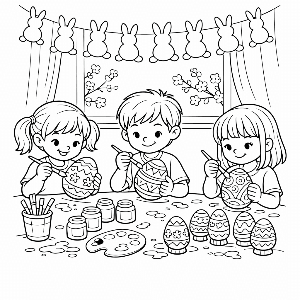Free printable coloring page: Easter Scene, for ages 7-12