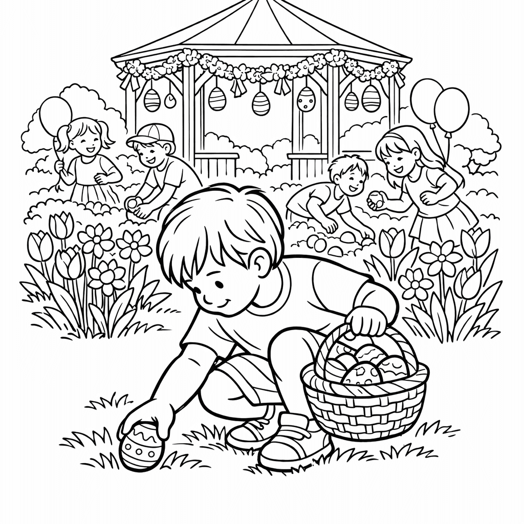 Free printable coloring page: Easter Scene, for ages 7-12