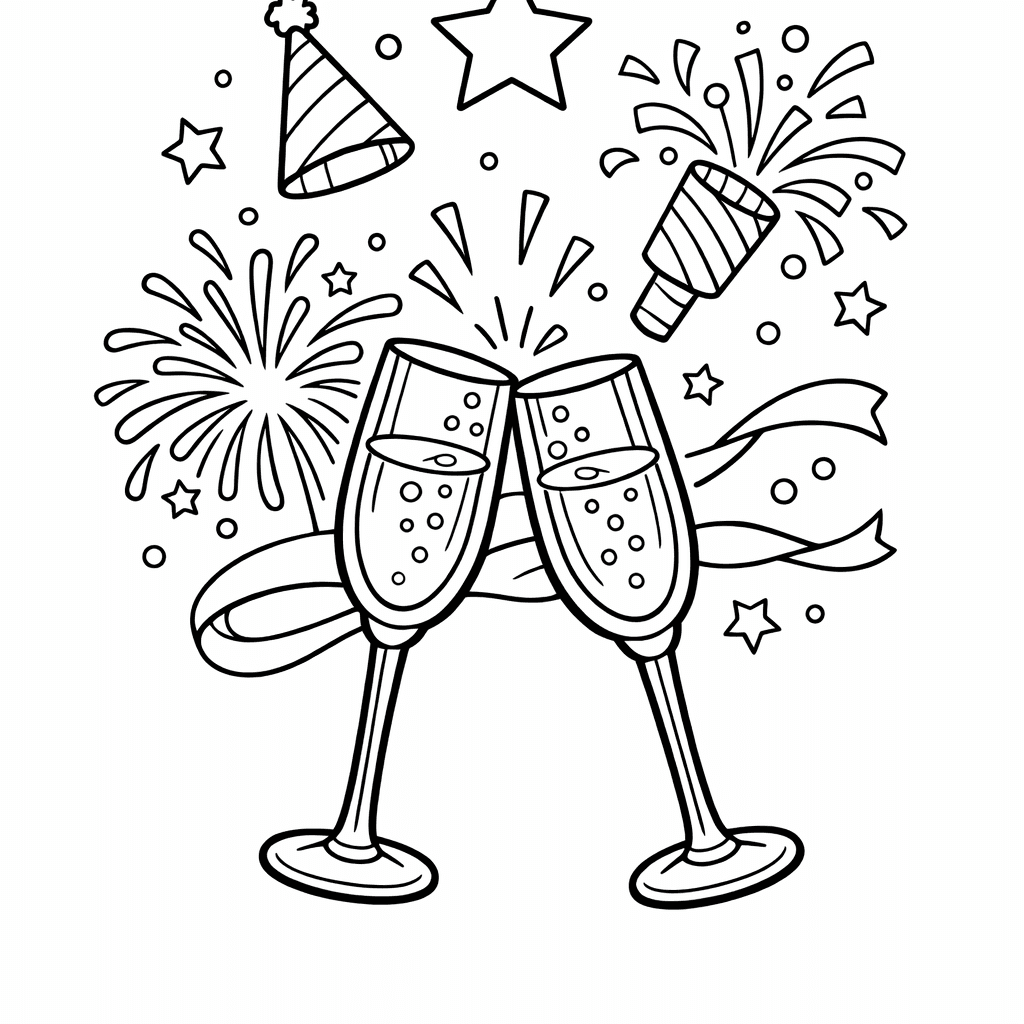Free printable coloring page: New Year Scene, for ages 7-12