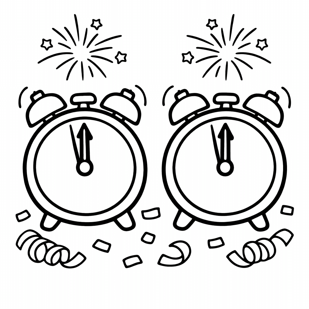 Free printable coloring page: New Year Scene, for ages 3-6