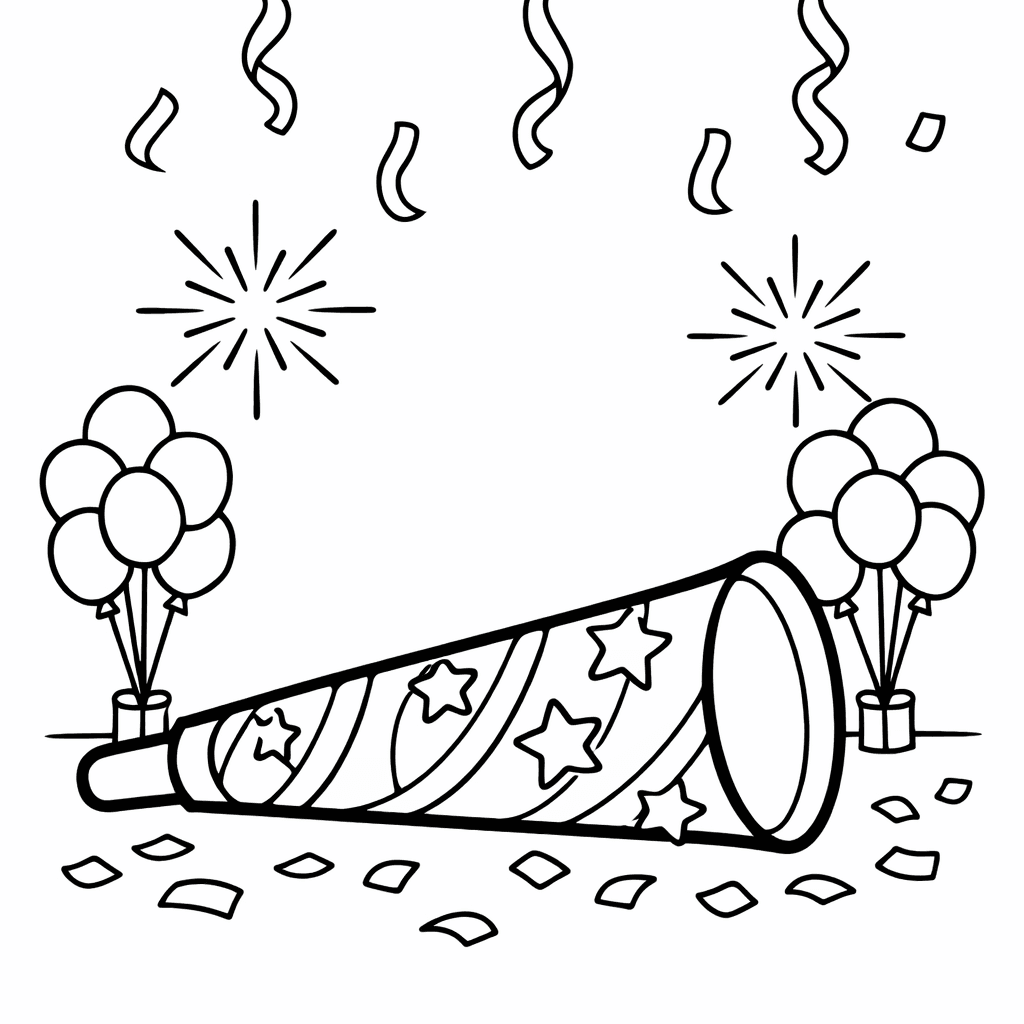 Free printable coloring page: Fireworks And Champagne, for ages 3-6