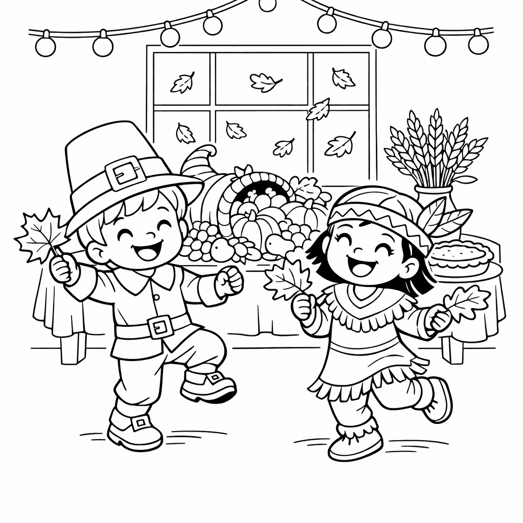 Free printable coloring page: Object Only: A Cute Thanksgiving With Clean Outlines,…, for ages 7-12