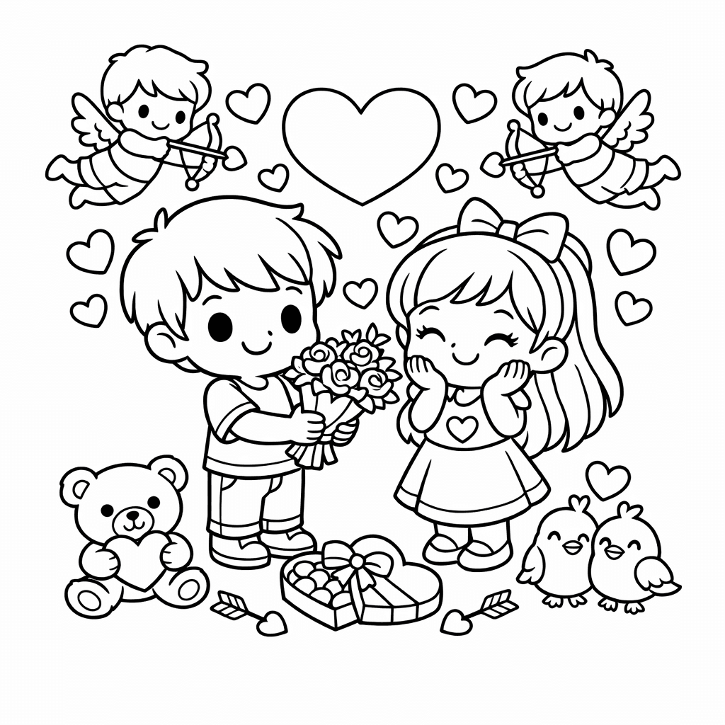 Free printable coloring page: Hearts And Flowers, for ages 7-12