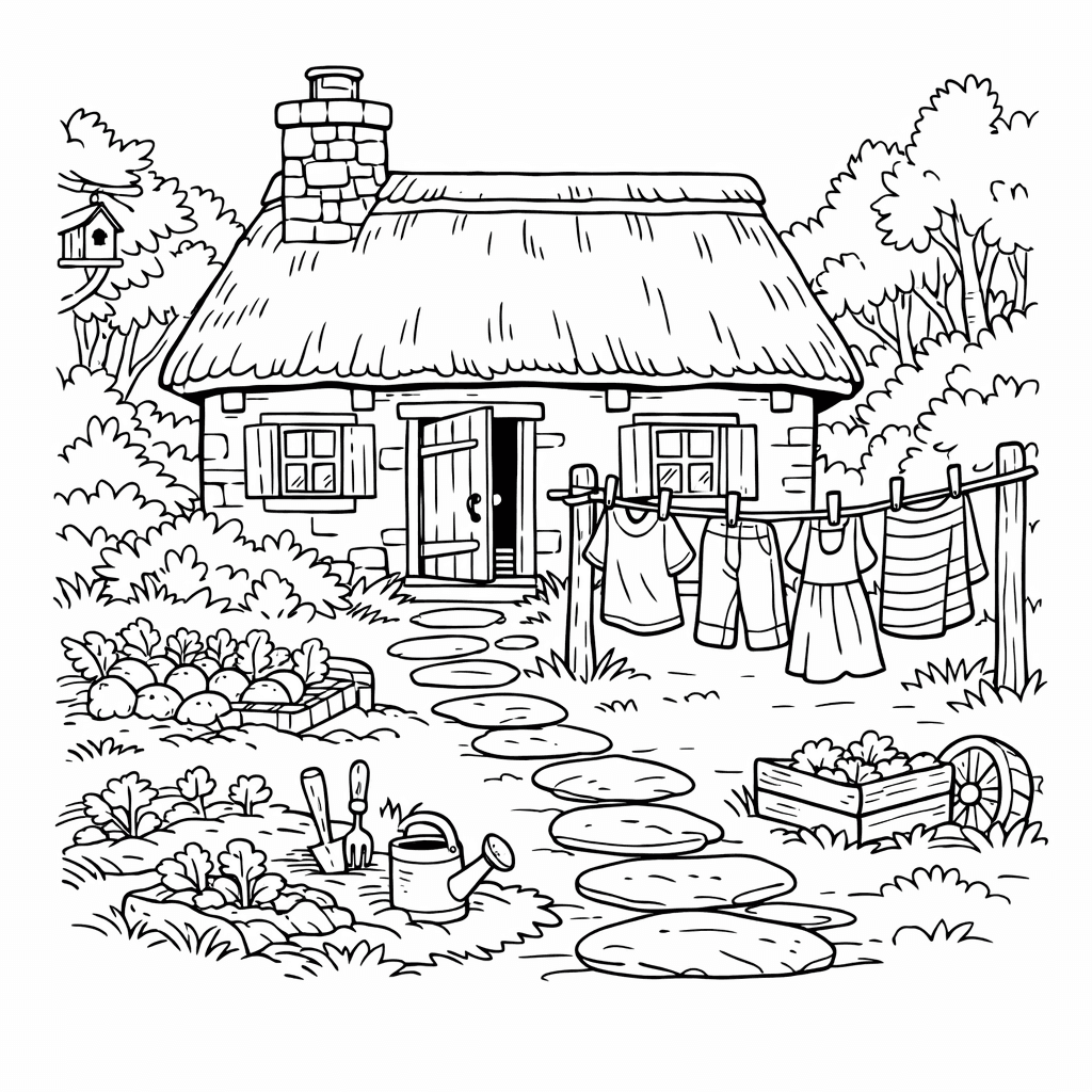 Free printable coloring page: Cottage And Flowers, for ages 7-12