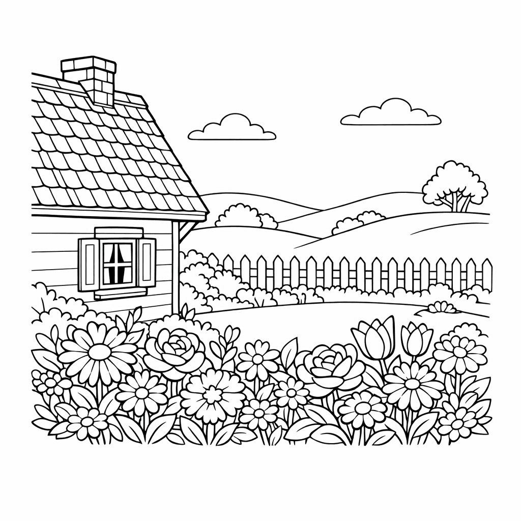 Free printable coloring page: Cottage And Flowers, for ages 7-12