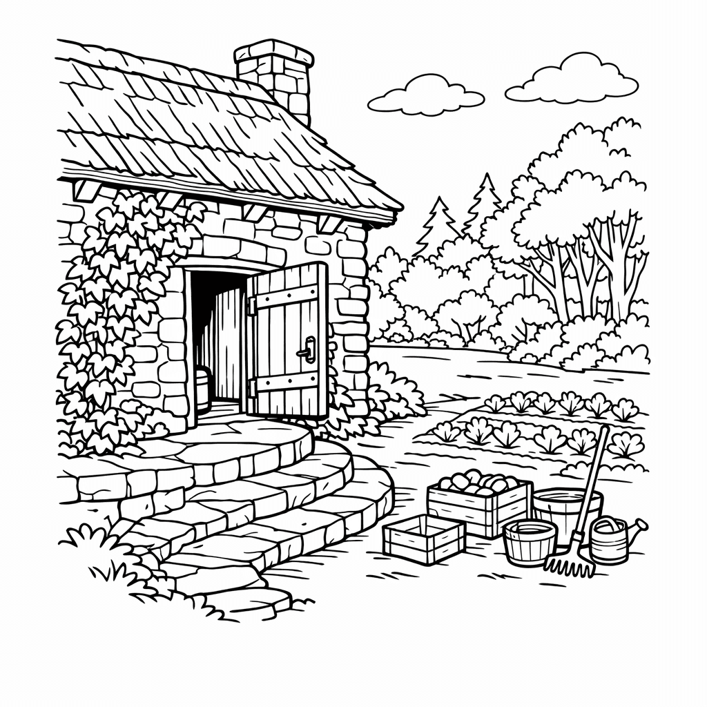 Free printable coloring page: Cottage In Garden, for ages 7-12