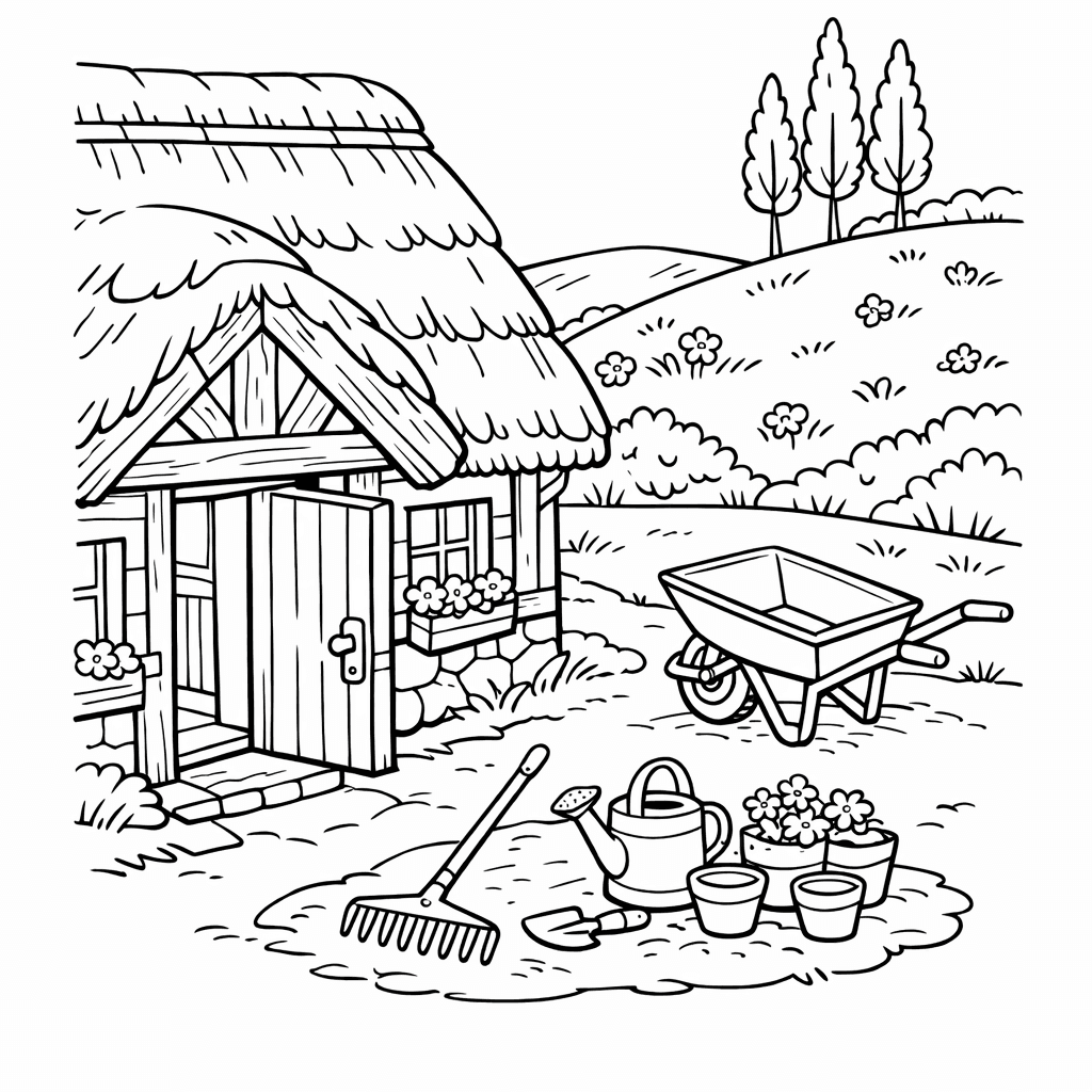 Free printable coloring page: Cottage Front, for ages 7-12