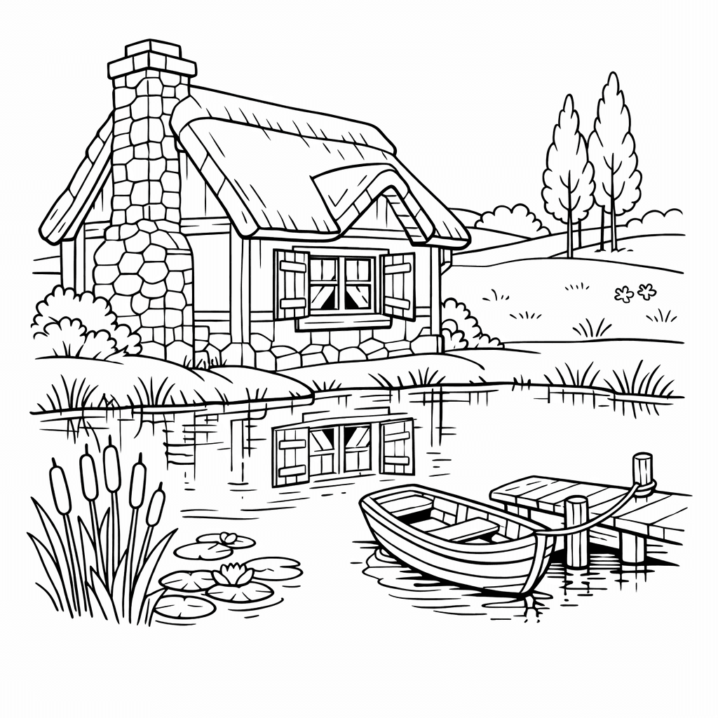 Free printable coloring page: Object Only: A Cute Cottage With Clean Outlines,…, for ages 7-12