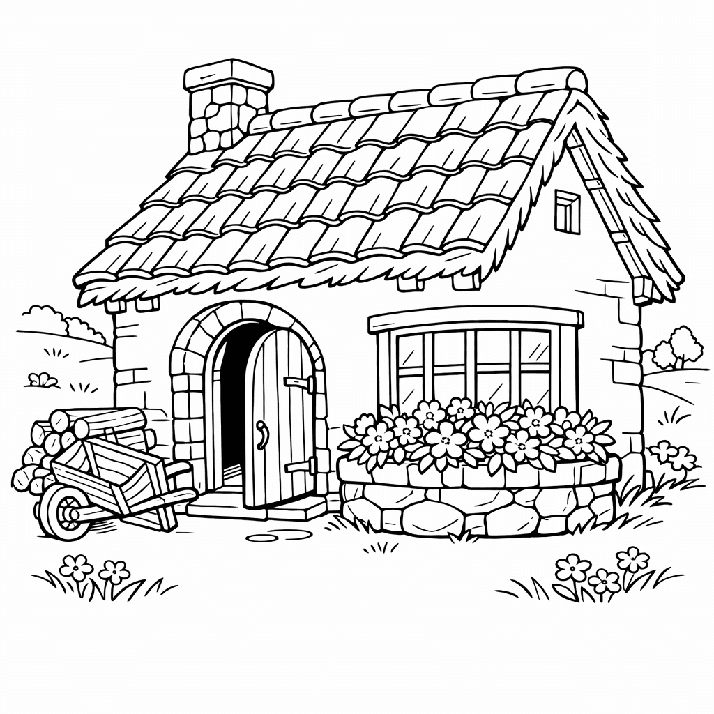 Free printable coloring page: Object Only: Two Or Three Cottages Side By…, for ages 7-12