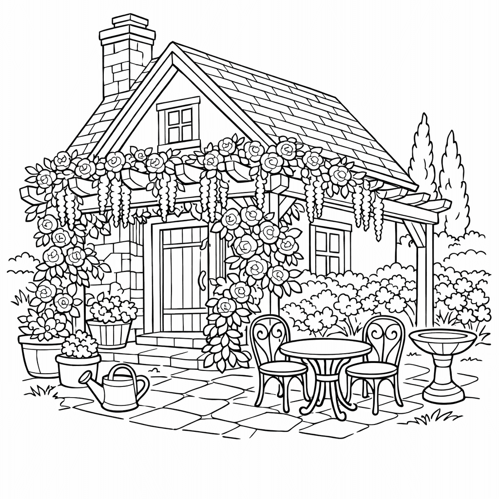 Free printable coloring page: Cottage And Fence, for ages 7-12