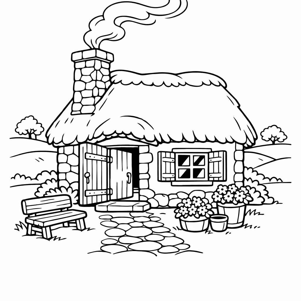Free printable coloring page: Cottage And Fence, for ages 7-12