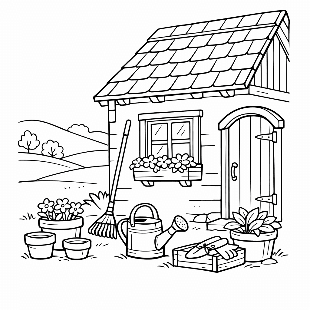 Free printable coloring page: Object Only: A Cute House With Clean Outlines,…, for ages 7-12