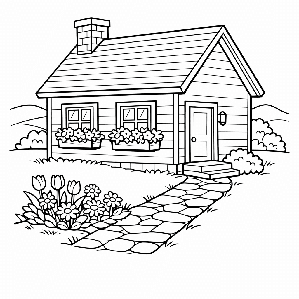 Free printable coloring page: House And Tree, for ages 7-12