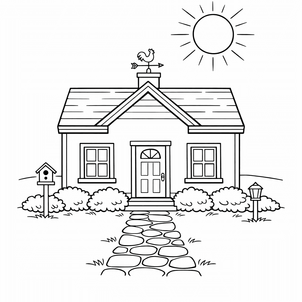 Free printable coloring page: House And Sun, for ages 7-12