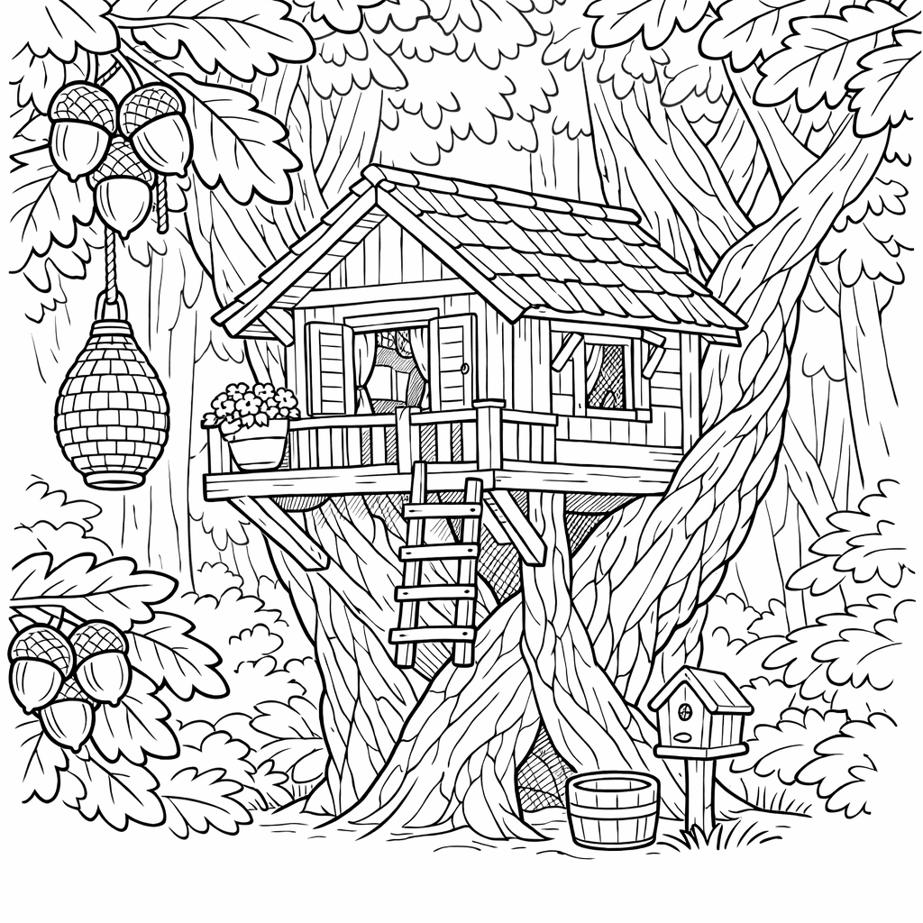 Free printable coloring page: Tree House And Branches, for ages 7-12