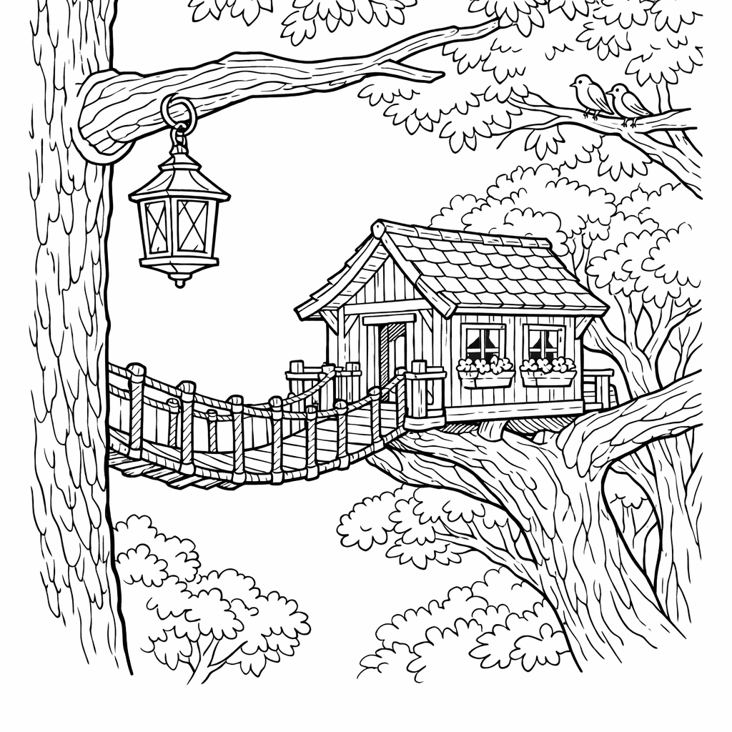 Free printable coloring page: Object Only: A Cute Tree House With Clean…, for ages 7-12
