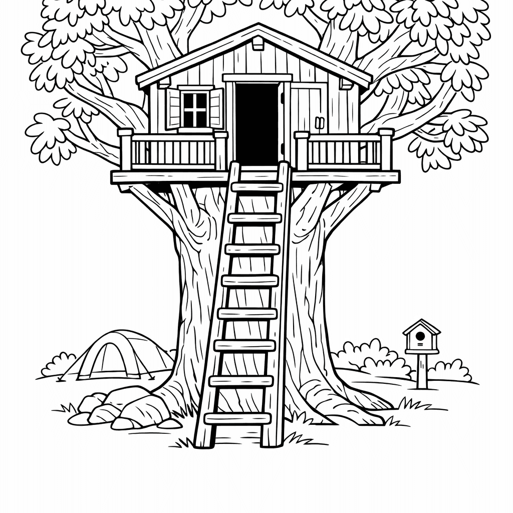 Free printable coloring page: Object Only: A Cute Tree House With Clean…, for ages 7-12