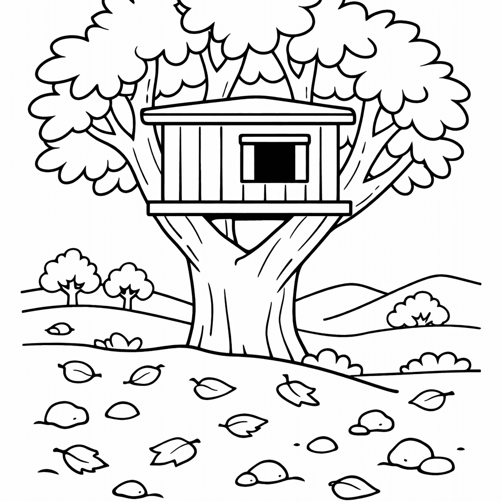 Free printable coloring page: Tree House And Leaves, for ages 3-6