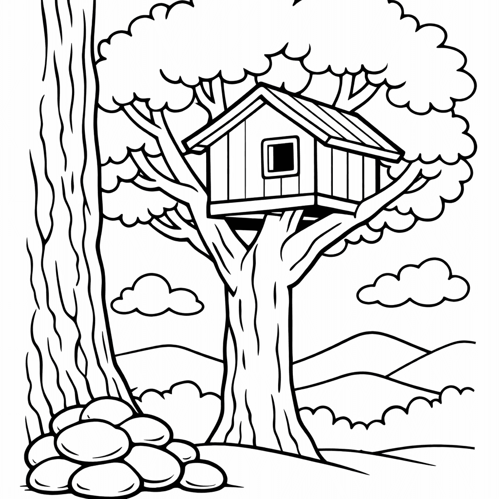 Free printable coloring page: Object Only: Two Or Three Tree Houses Side…, for ages 3-6